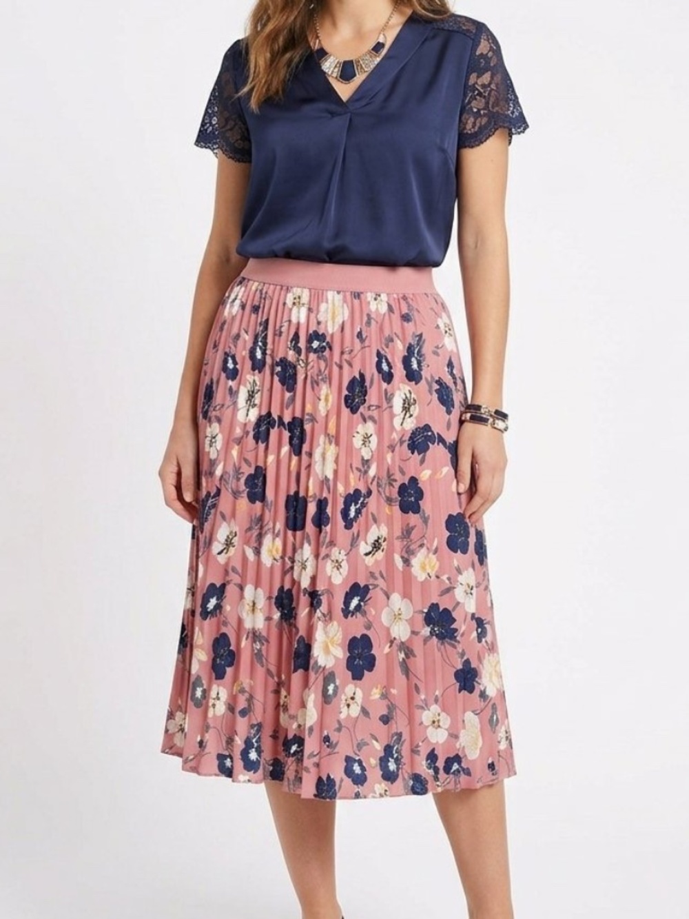 ANDI + JAMES Dusty Pink Floral Pleated Midi Skirt Elastic Waist L Retro Cottage